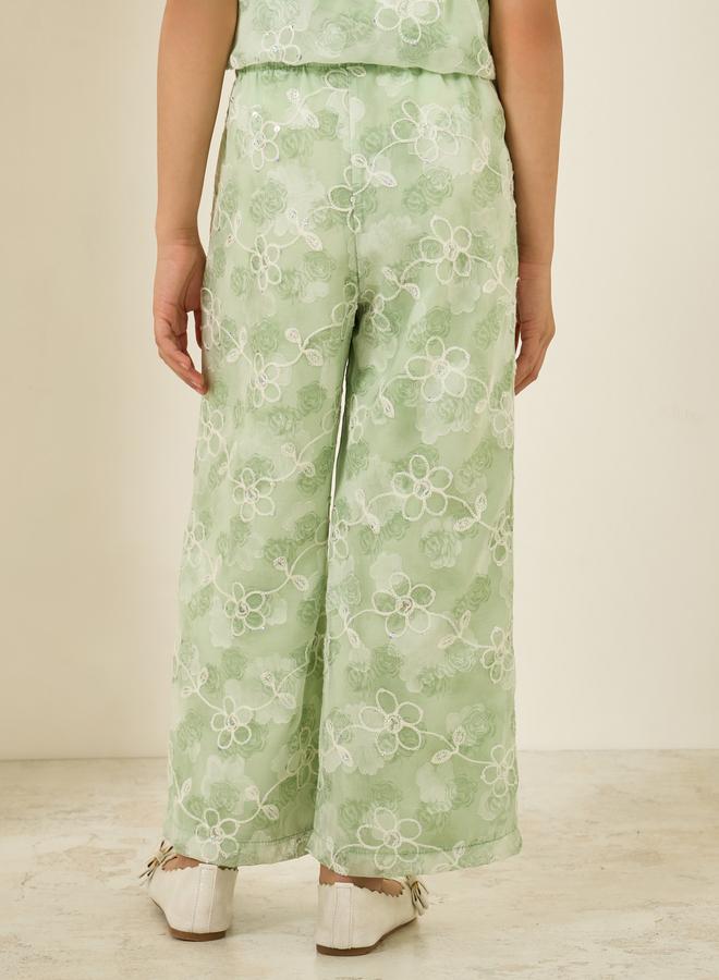 ستايلي بنطال بأرجل واسعة ومطرز بالزهور أخضر للبنات - Image 3